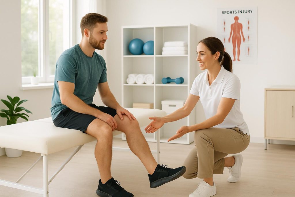 Sports physiotherapist supports knee surgery recovery in a clinic.