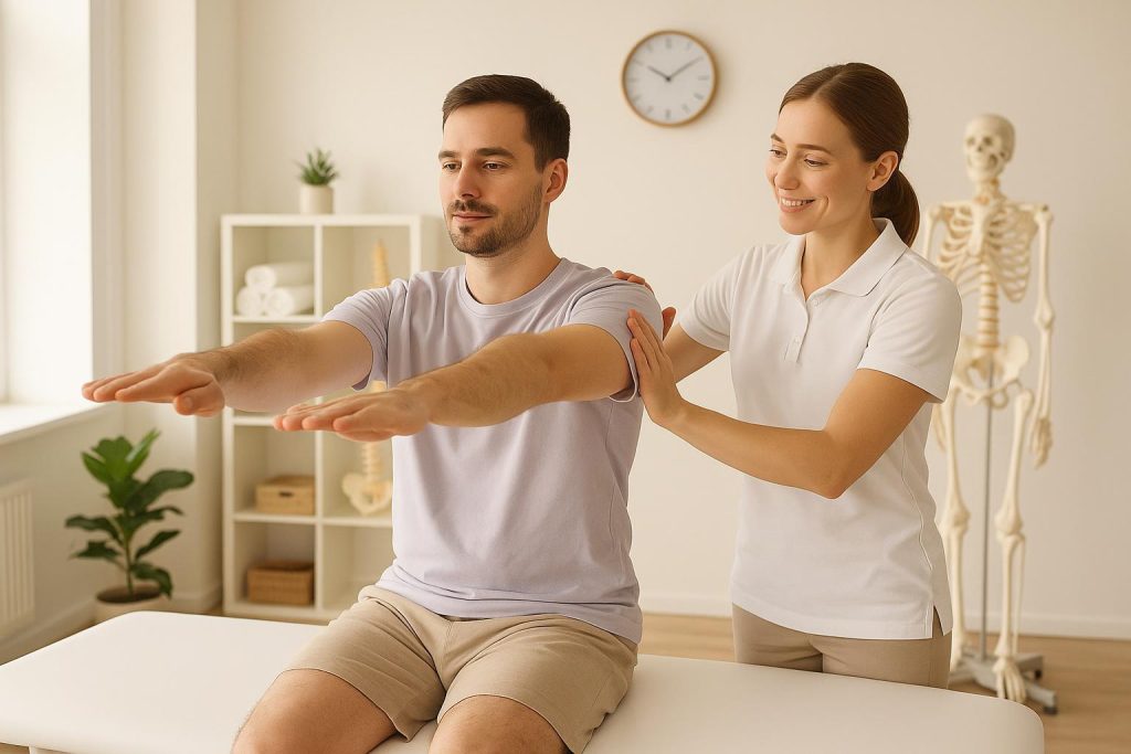 Edmonton physical therapist guiding a patient in chronic pain management exercises in a modern clinic.