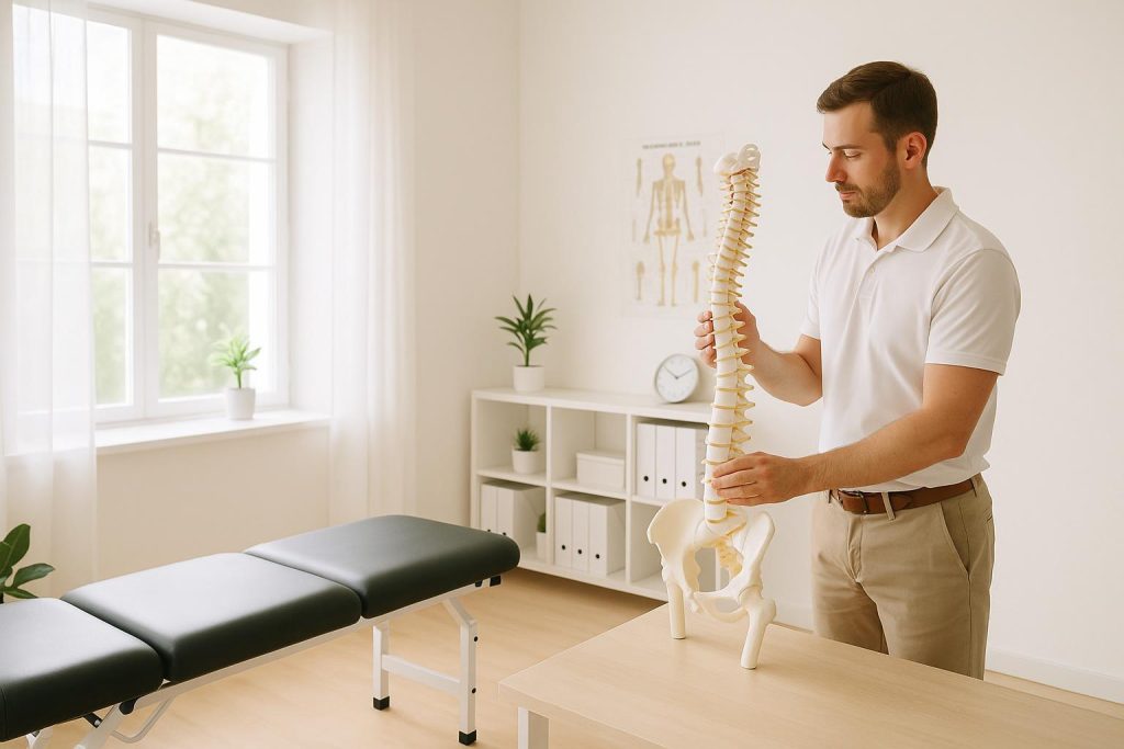 Chiropractor analyzing spinal alignment for chronic back pain.
