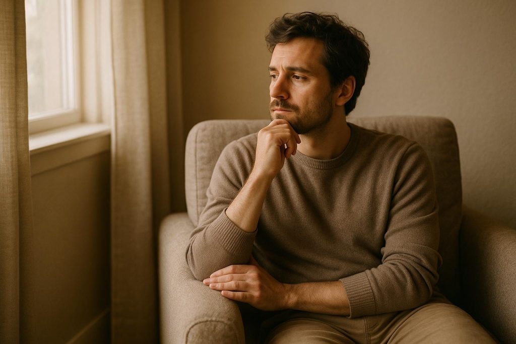 An introspective adult sitting alone in a softly lit room, reflecting on dealing with embarrassment and regret.
