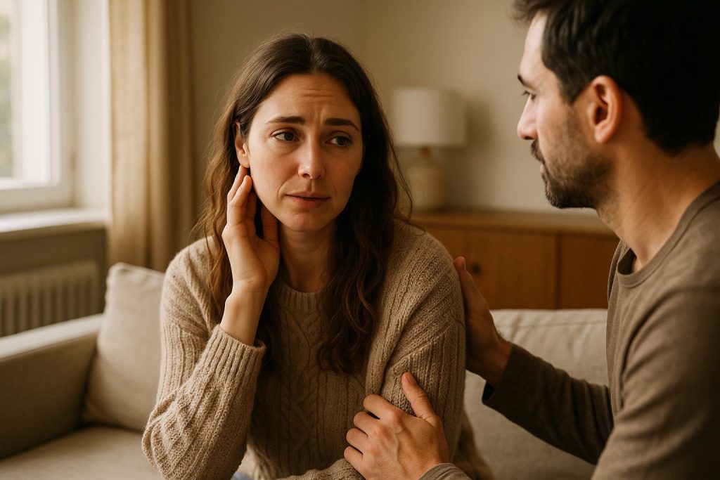 A woman with ADHD confides in her partner, illustrating ADHD’s effect on their relationship.