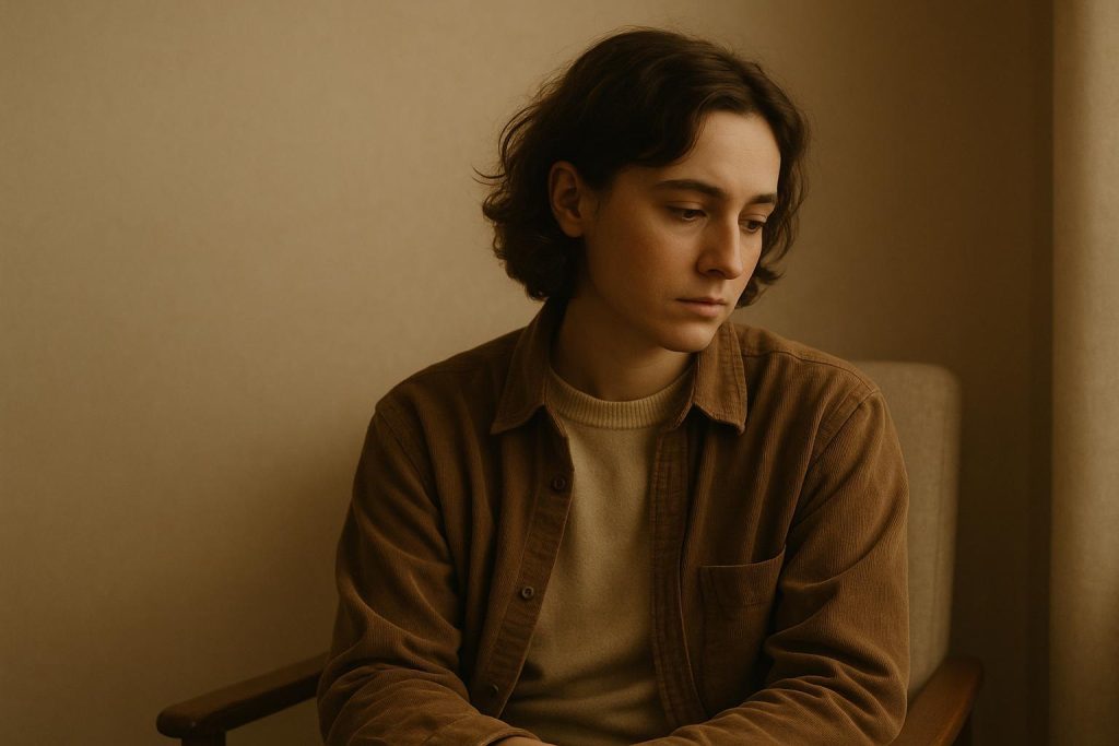 A contemplative adult alone in a warm-lit room, illustrating depression symptoms.