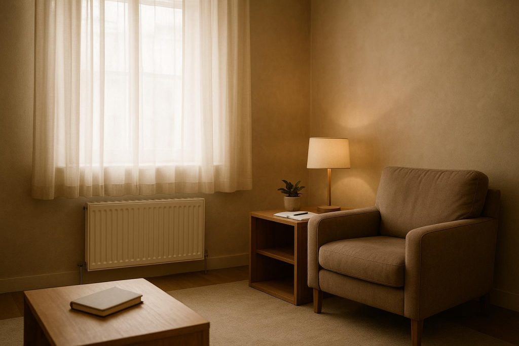 A calm therapy space illustrating a comforting seat for counselling support.
