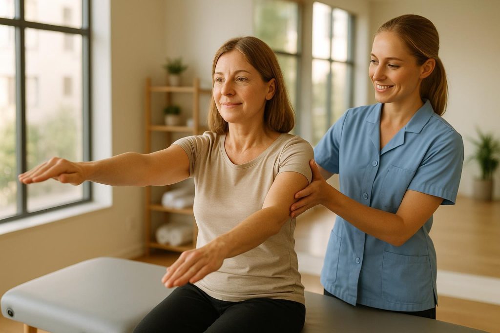 A patient practicing gentle physiotherapy in a sunlit clinic for post-surgical recovery.