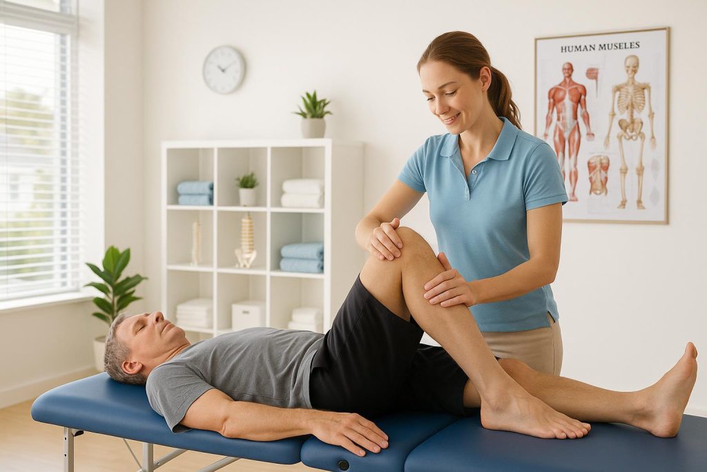 Physiotherapist demonstrating manual therapy techniques for pain management in a clinic.