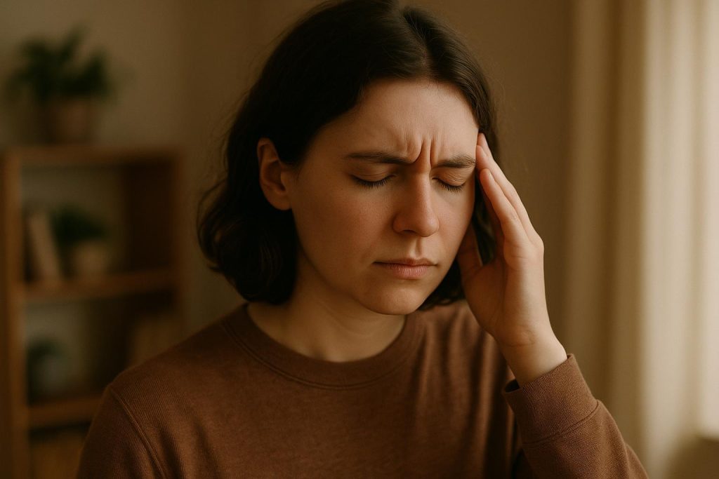 Young adult pressing temple due to persistent headache, indicating a severe concussion sign.