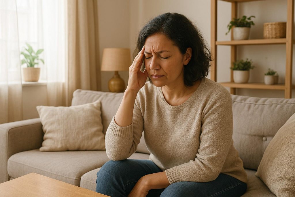 A person with headache in a welcoming living room, highlighting physiotherapy.