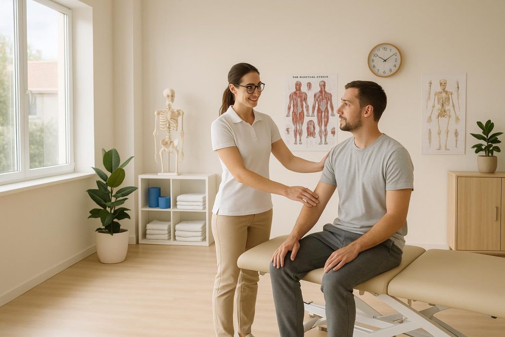 Physiotherapist examining a patient’s core to check the pelvic floor muscles.