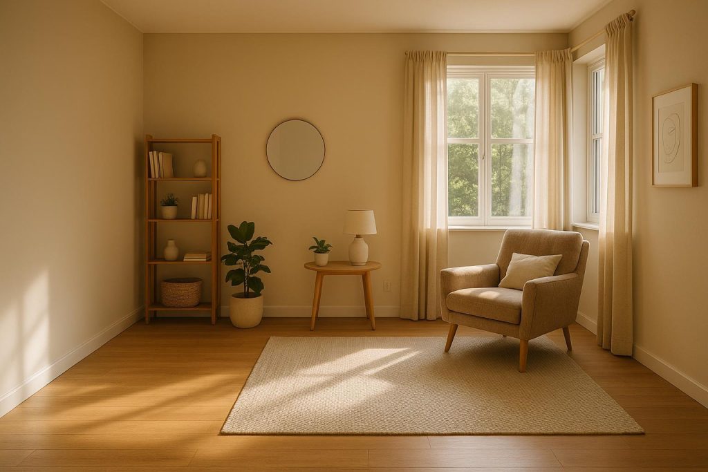 Cozy therapy chair in a warm-lit room symbolizing a safe place to address shame in therapy.