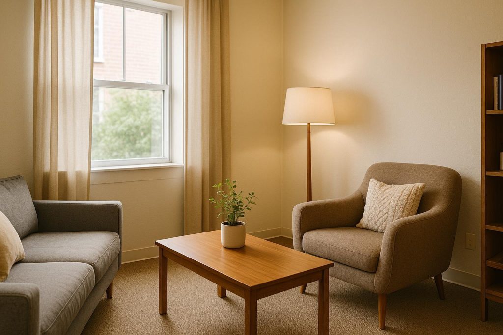 A serene modern therapy space offering relief for anxiety.