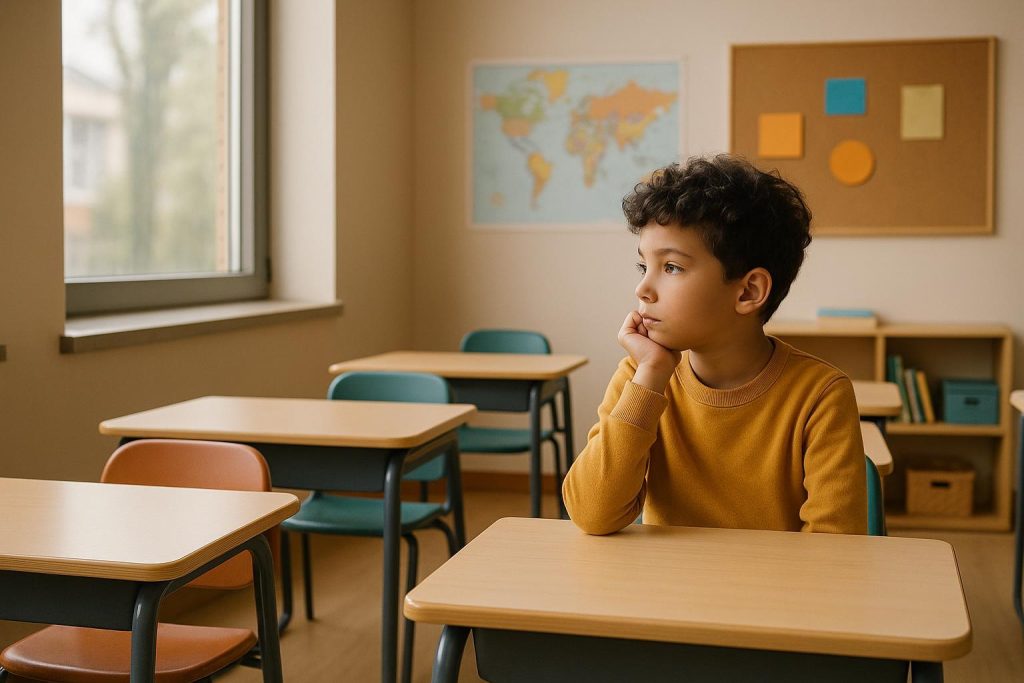 Child in a calm classroom daydreaming, representing ADHD challenges with focus.
