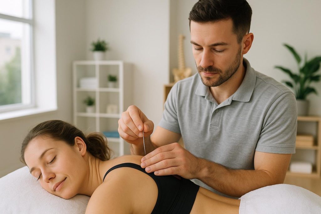 Physiotherapist applying IMS therapy to a patient's shoulder in a clinic.