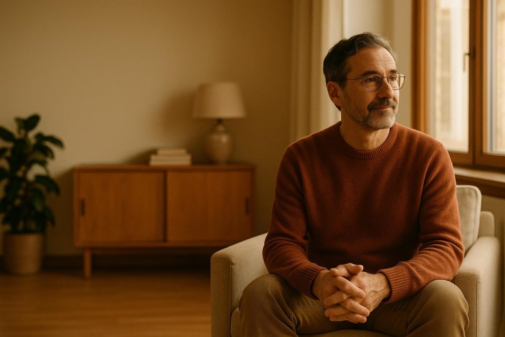 A calm adult reflecting on CBT for anxiety in a bright, soothing environment.