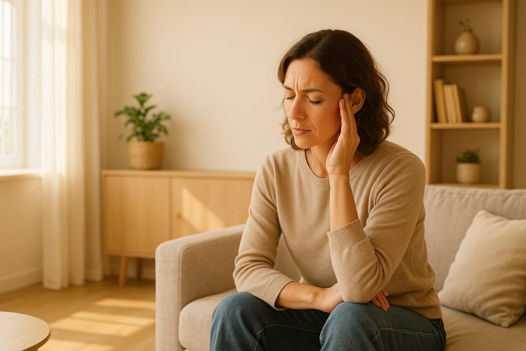 Person with poor spinal posture massaging neck, highlighting spinal posture correction for headaches.