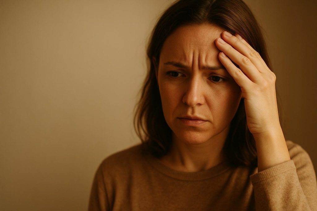 Adult gently touching forehead, displaying possible concussion signs in a warm-lit setting.