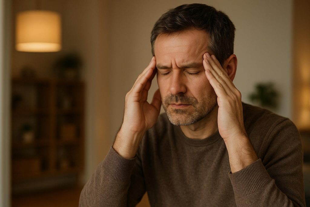 Adult with lingering headaches from concussion, massaging temples in modern room, representing post-concussion therapy need.