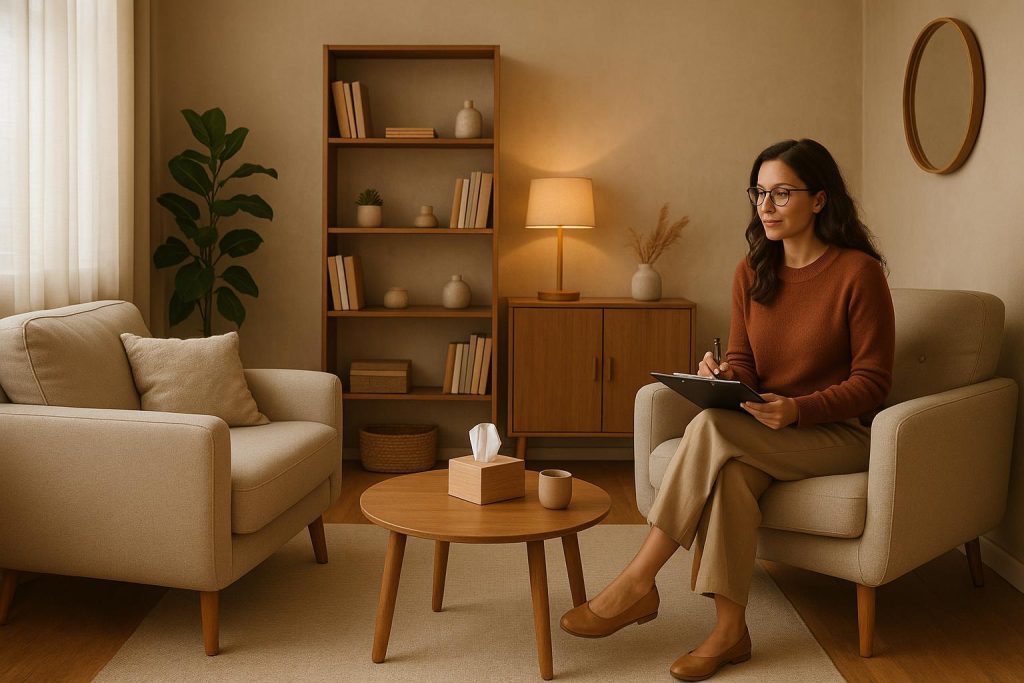 A welcoming therapy session with a therapist seated on the right, depicting a calm first meeting.