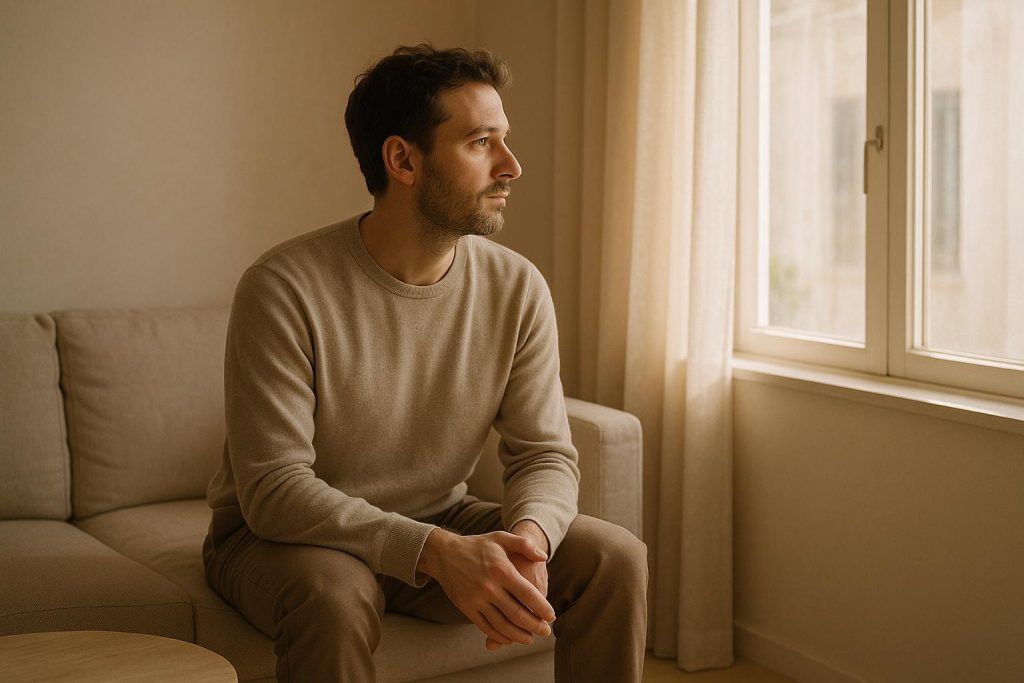 A calm adult practicing the 3-3-3 rule for anxiety, gazing outdoors in a bright, minimalist living room.