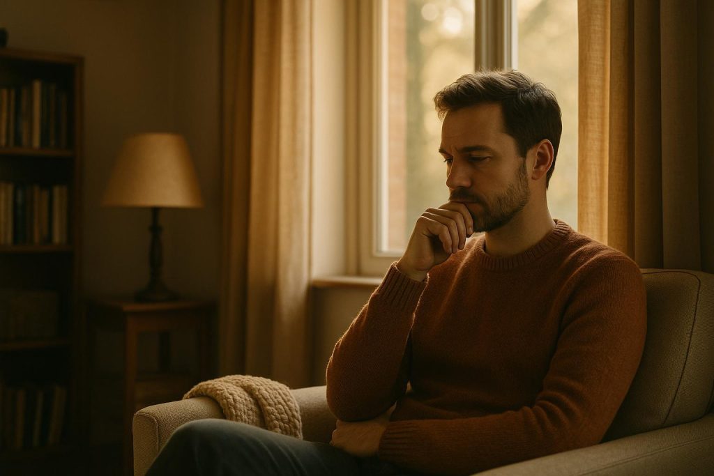 Thoughtful adult reflecting in a softly lit room, symbolic of depression causes.