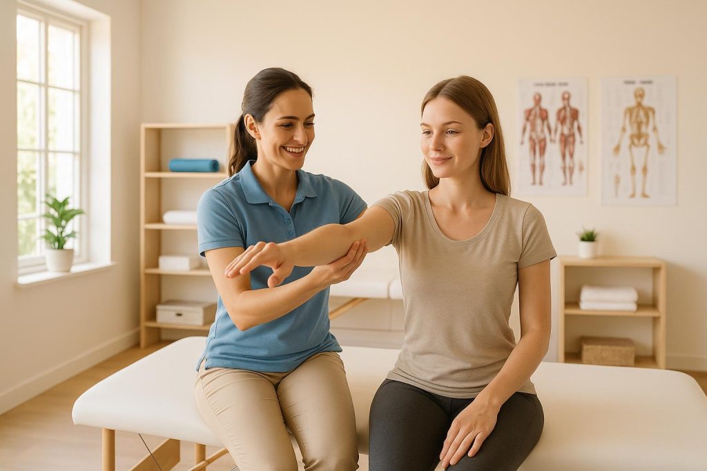 Physiotherapy expert guiding a patient through exercises in a bright clinic.