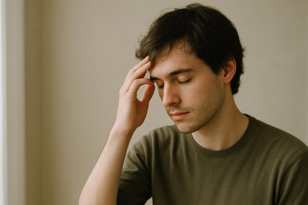 A young adult gently holding their head, indicating possible concussion.