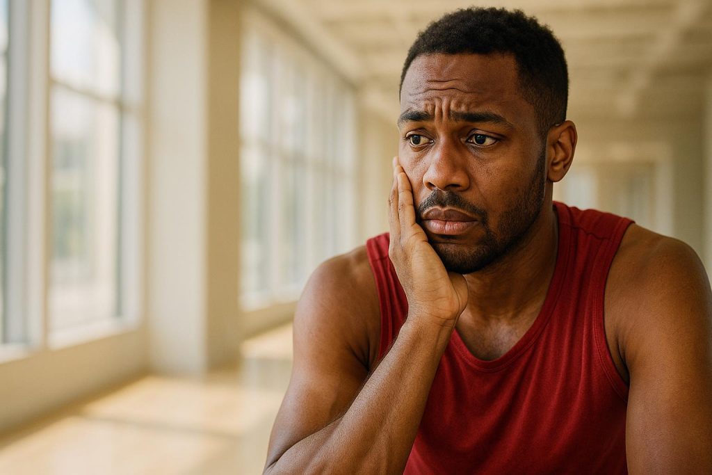 Concerned athlete illustrating concussion awareness and need for medical attention.