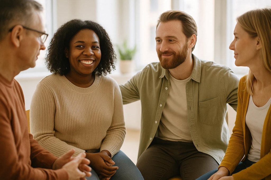 A diverse group of adults in a bright space, symbolizing who can benefit from pelvic floor physiotherapy.