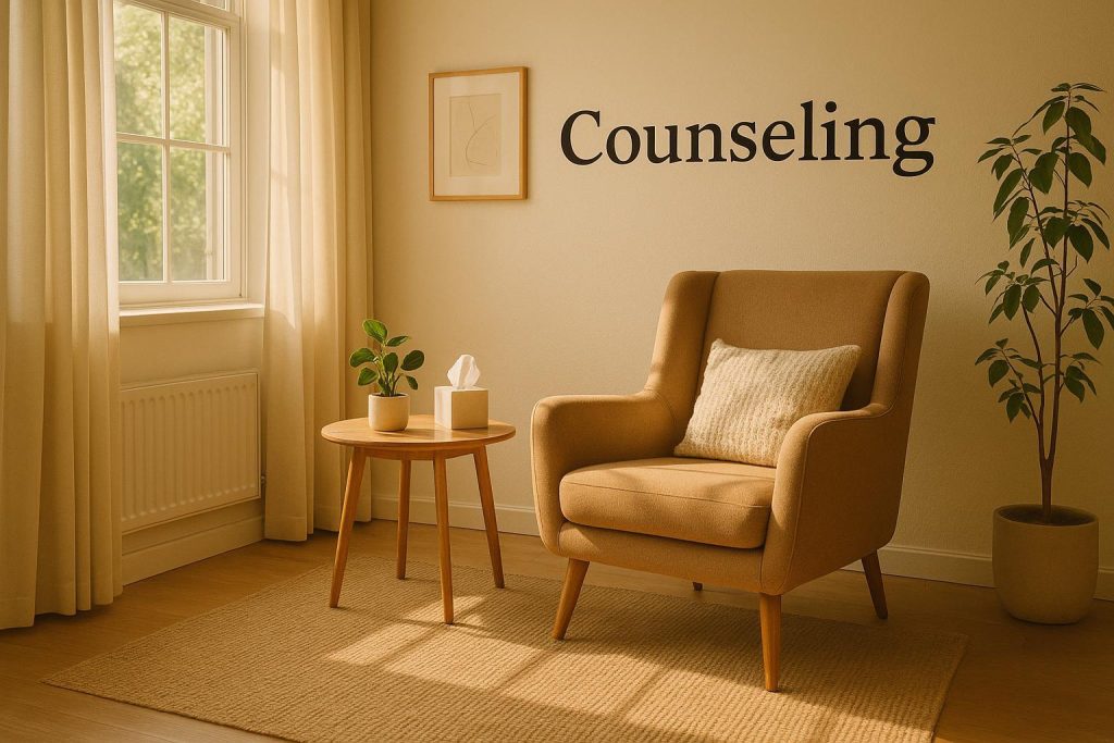 Welcoming counseling space with a therapy chair, symbolizing a psychologist's support for depression.