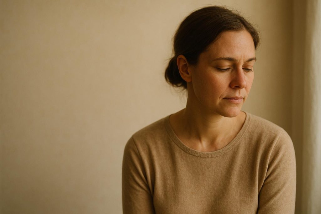 Reflective adult in natural light, illustrating concern about concussion and mental health.