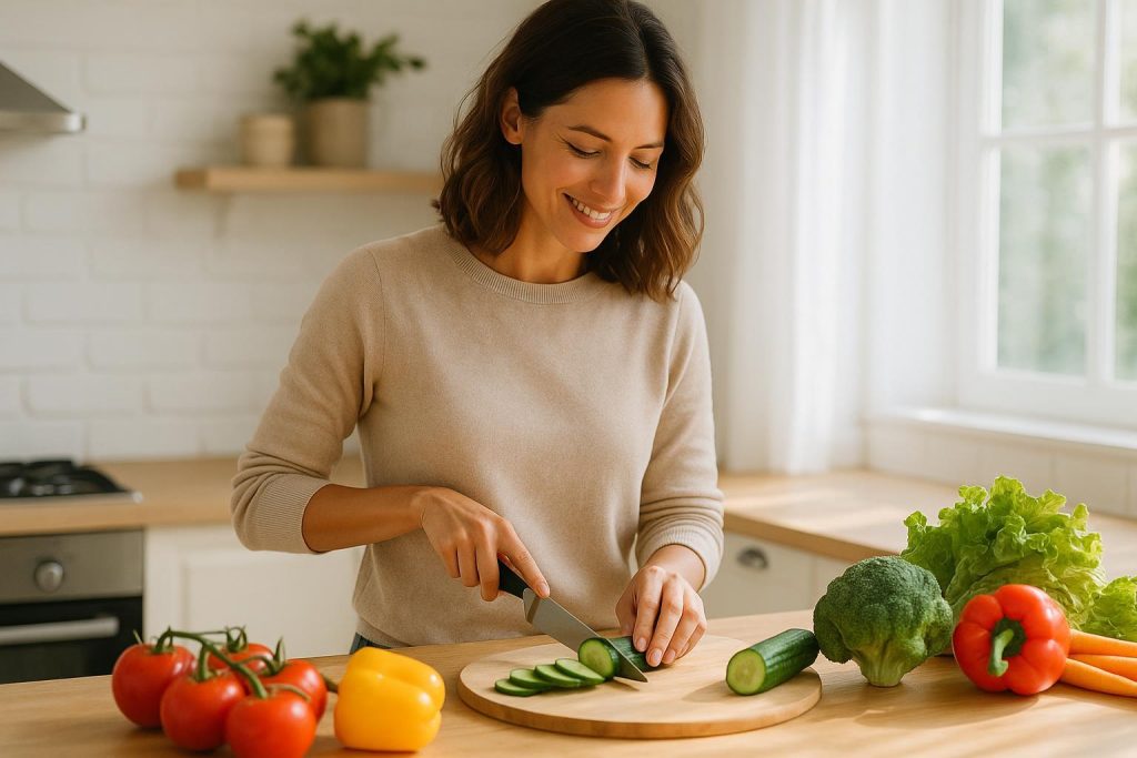 A woman preparing a healthy meal, illustrating how diet may affect ADHD in women.