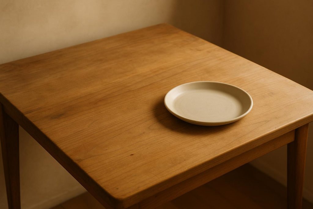 Empty plate on a wooden table, illustrating how eating disorders affect the body.