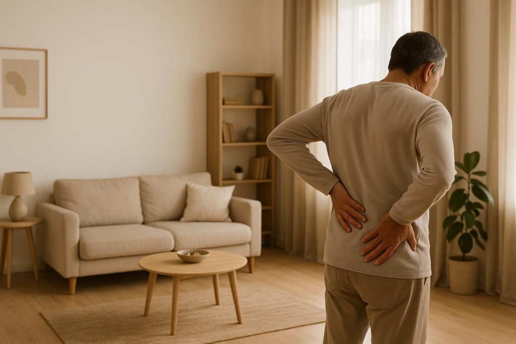 Adult gently holding lower back in a bright room, indicating potential need for a chiropractor.