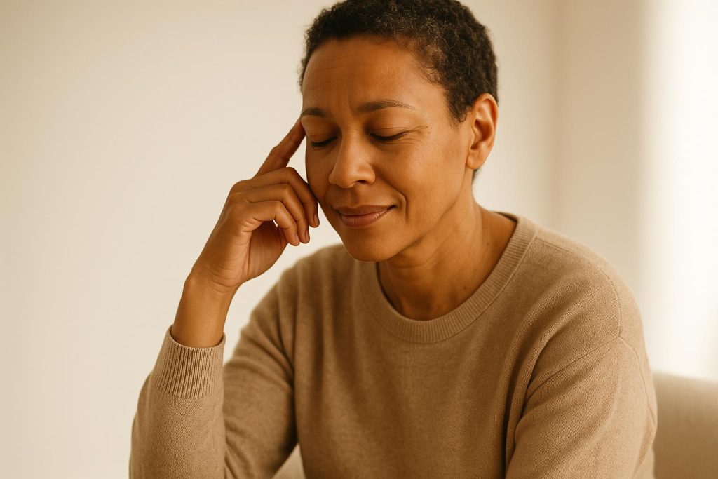 Person gently touching their temple, signifying relief from concussion recovery.