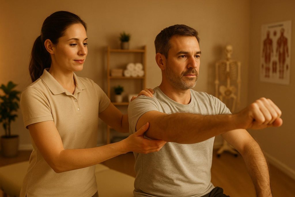 Professional guiding a patient’s shoulder exercise for shoulder impingement relief.