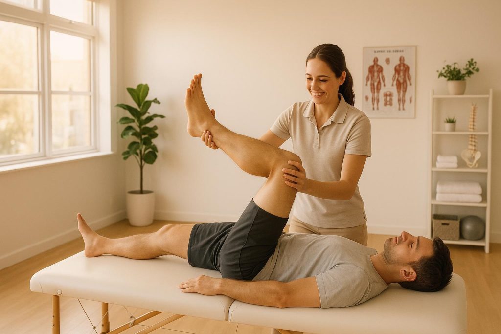 Physiotherapist guiding a patient through gentle exercises for pain management in a modern clinic