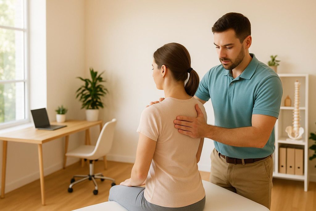 Chiropractor providing on-site workplace chiropractic care in a modern office area.