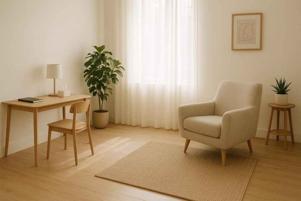 Bright therapy room setup for a calm pelvic floor physio experience.