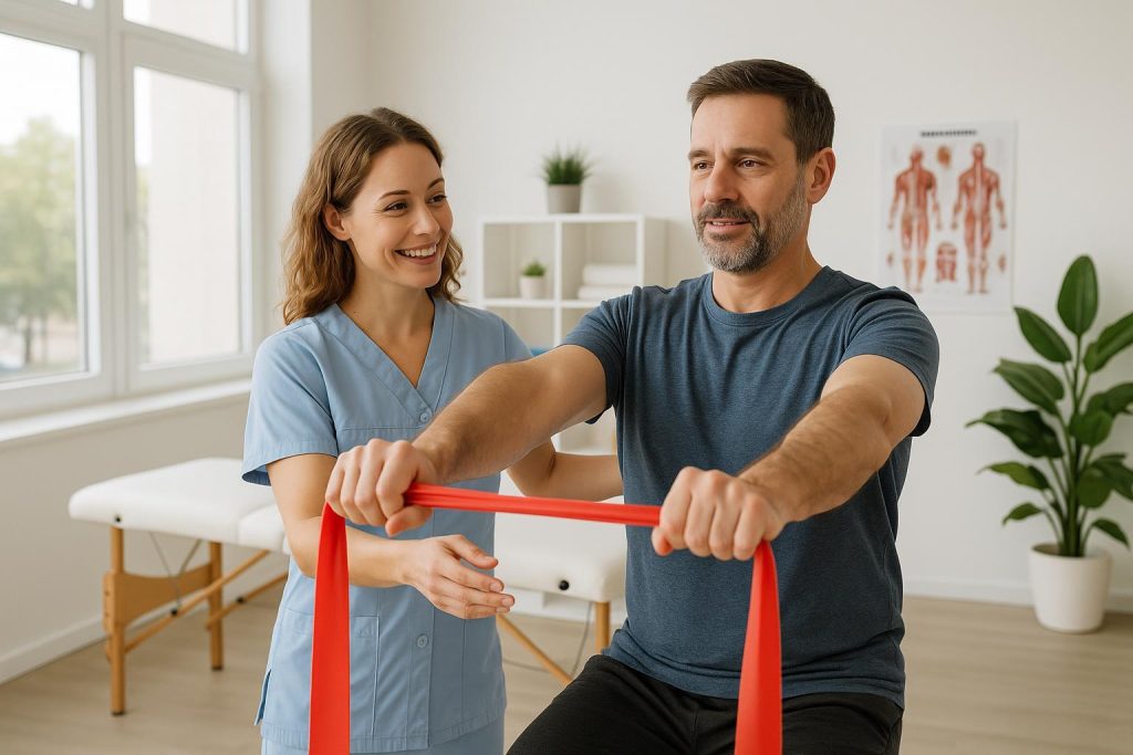 Therapist guiding a patient using a resistance band for muscle rehabilitation
