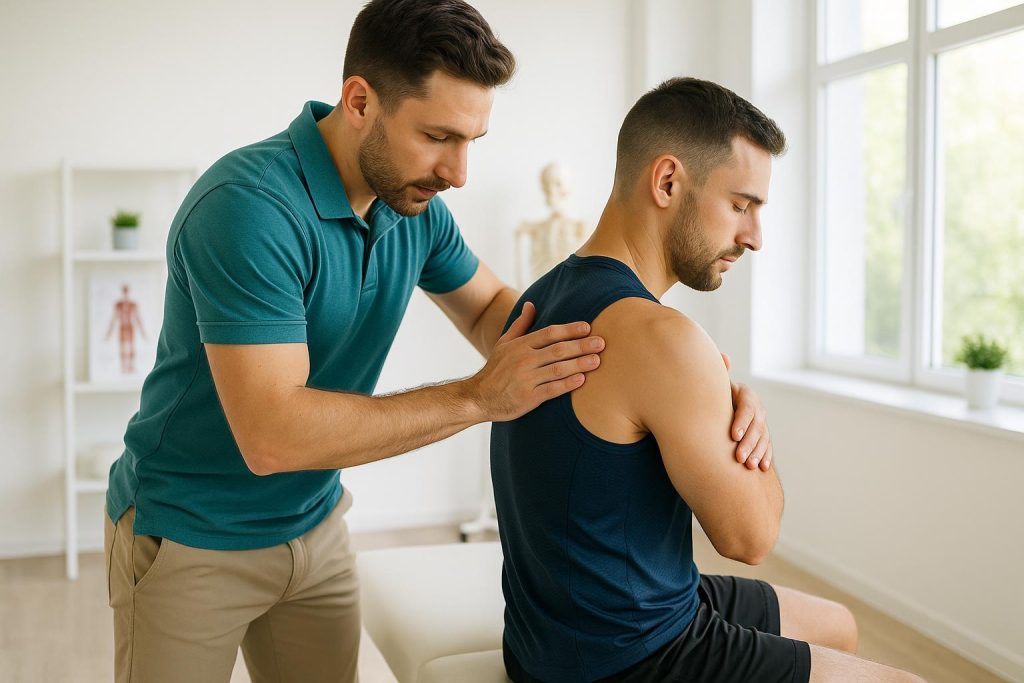 Chiropractor adjusting a fit athlete to demonstrate athlete chiropractic care.