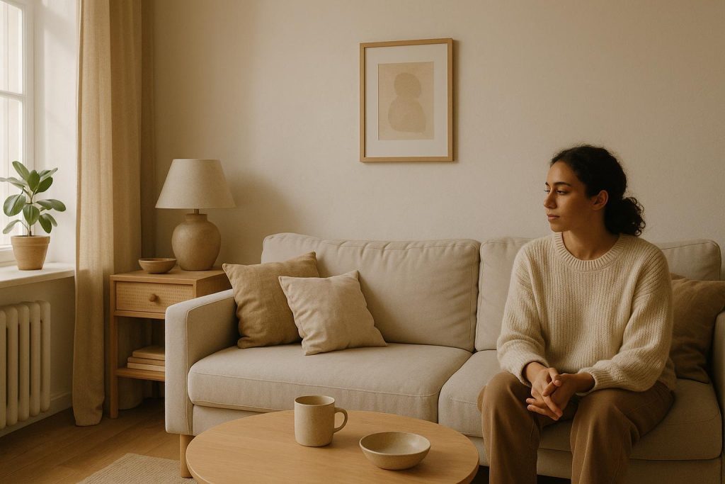 Person quietly reflecting in a calm space while seeking bipolar disorder help