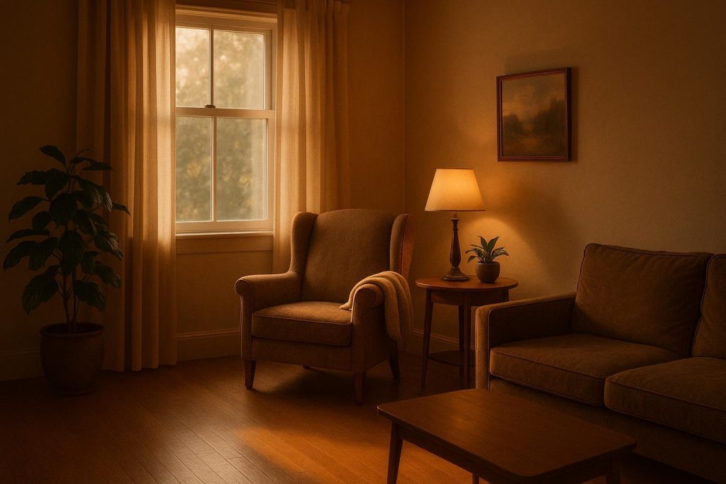 A serene living room representing emotional reflection on different trauma experiences.
