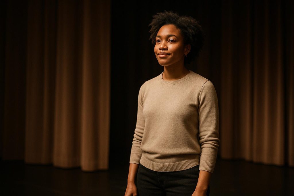 A calm individual on stage, symbolizing performance anxiety reduction therapy.